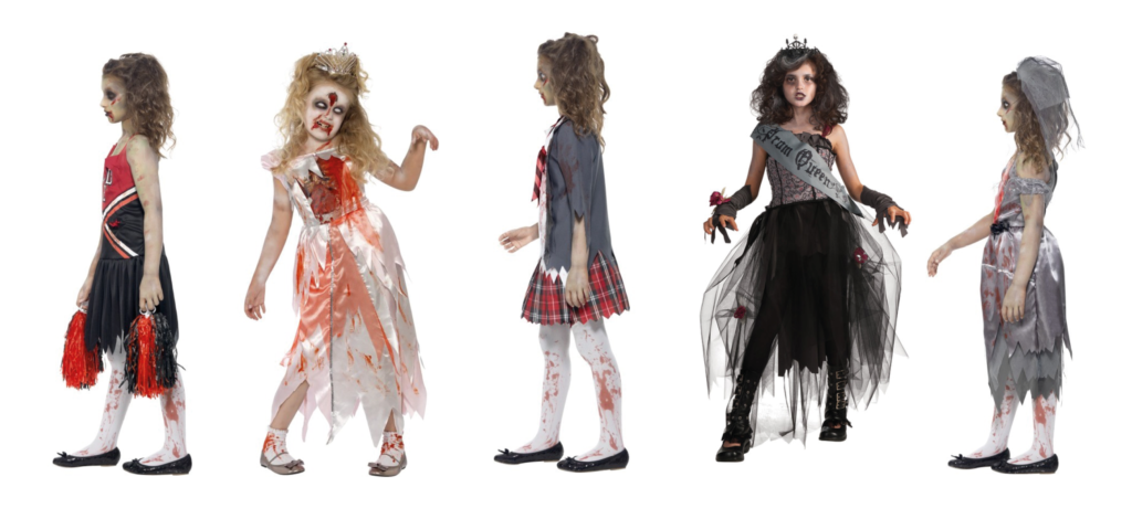 Zombie kostume, zombie kostumer til piger, børne zombie kostumer, kostumer til børn, halloween kostumer til børn, zombie prinsesse, prinsesse zombie, skolepige zombie, cheerleader zombie